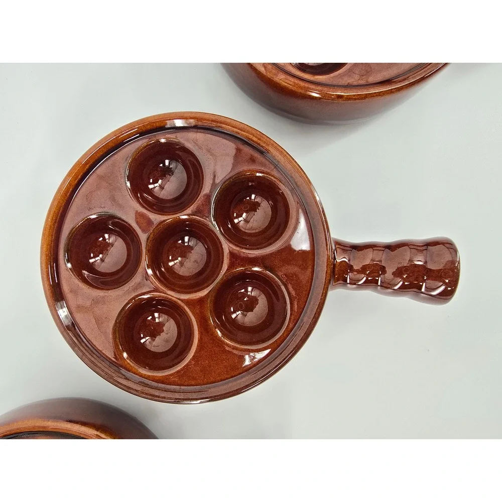 Vintage Brown Glazed Ceramic Escargot Baking Dishes 6 Hole Snail Pans Set of 3